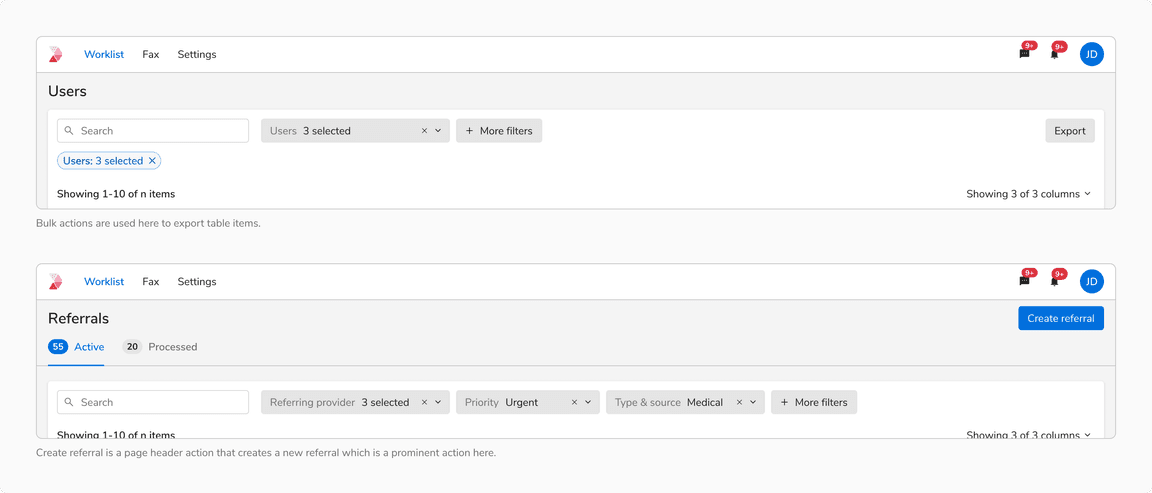 Bulk actions in table vs Actions in page header