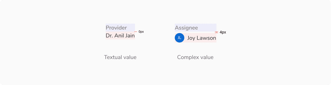 Recommended minimum padding between key and [left] textual value vs [right] complex value